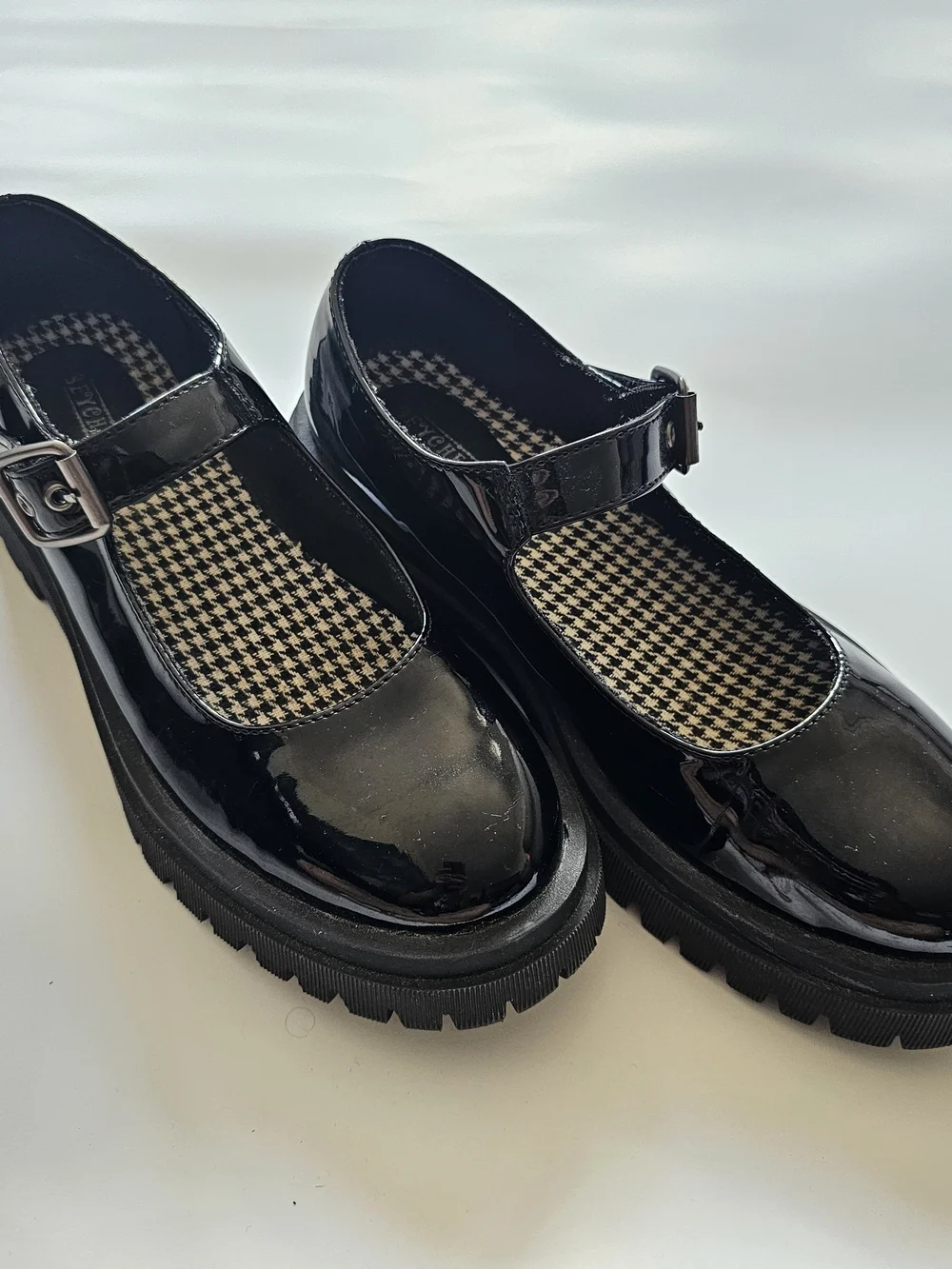 Seychelles Black Patent Mary Jane Platform Shoes with Houndstooth Lining